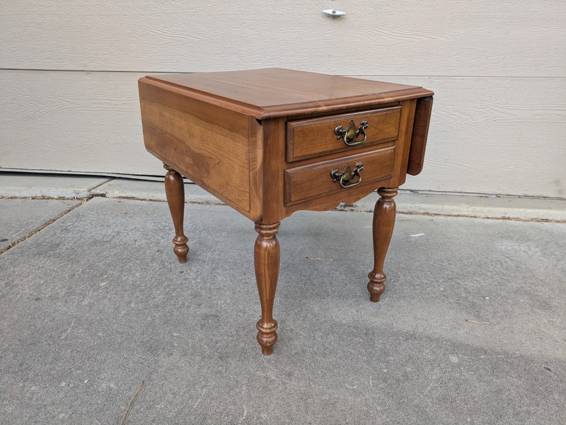 Vintage Rustic Country Colonial Solid Cherry Wood Drop Leaf 2-Drawer End Table A gallery