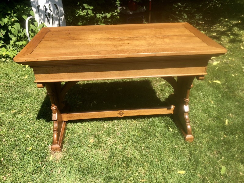 Rare Antique Table Deacons Mission Oak Trestle Library Carved 48” Long 26” Wide