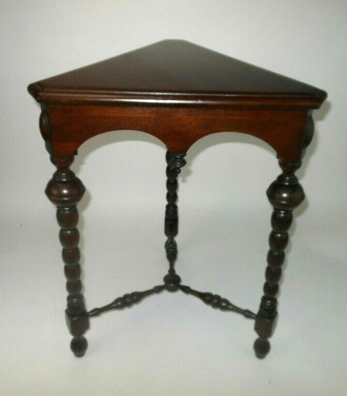 Antique Kittinger Triangle Walnut Table Stand w Turned Legs Triangle Top gallery