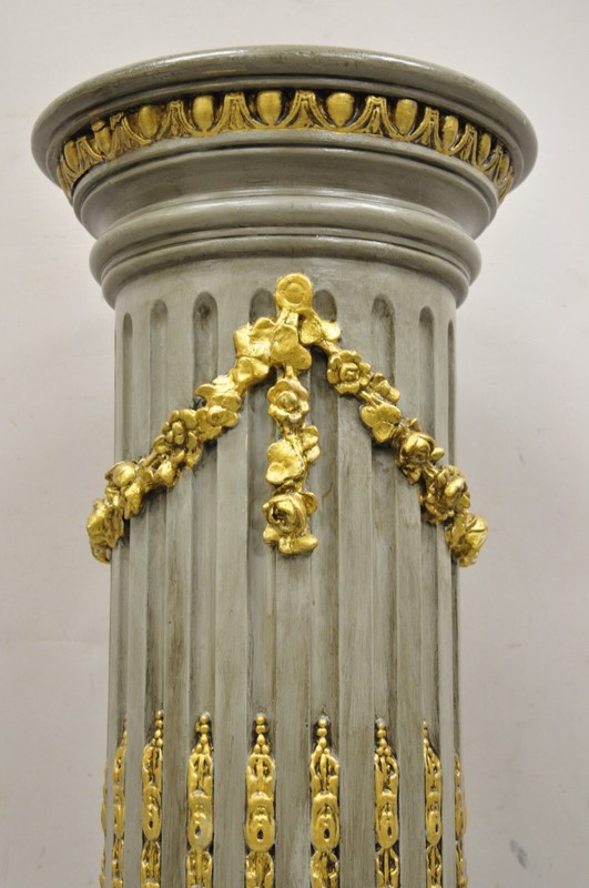 Italian Neoclassical French Empire Grey & Gold Painted Wooden Column Pedestal gallery
