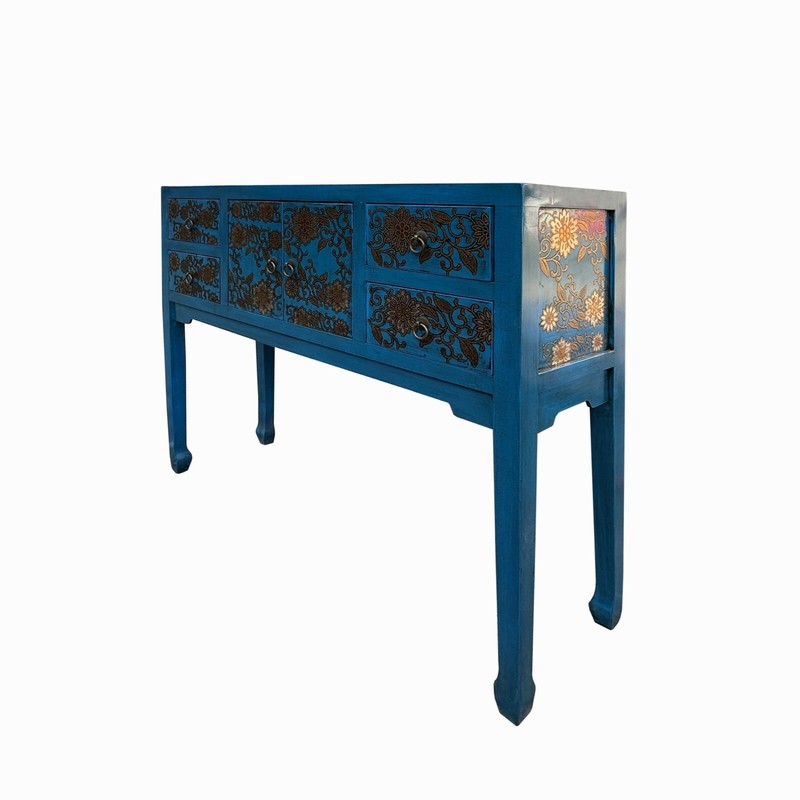 Blue Lacquer Golden Flower Graphic Drawers Slim Foyer Side Table cs7732 gallery
