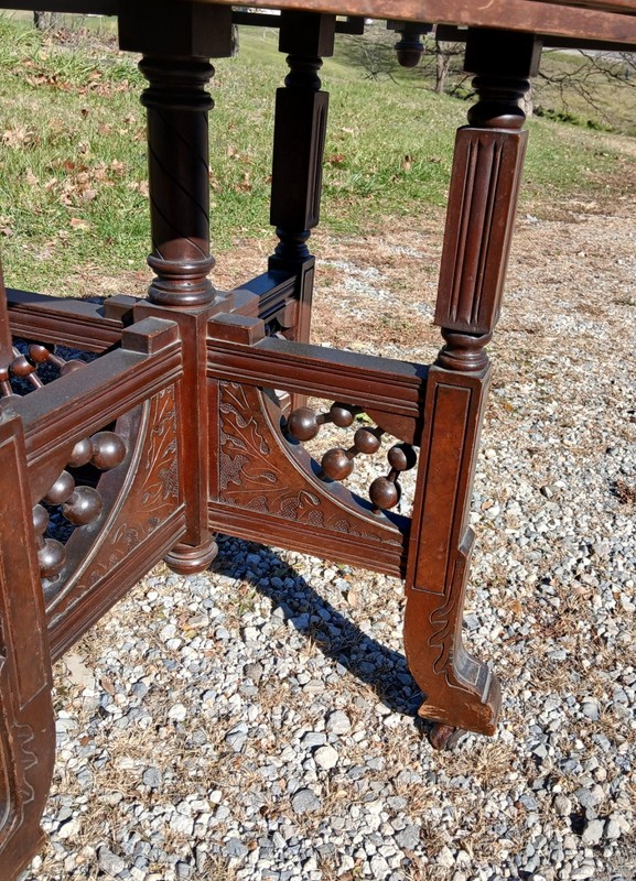 Antique Victorian Eastlake Walnut Parlor Table Chocolate Marble Stick and Ball gallery