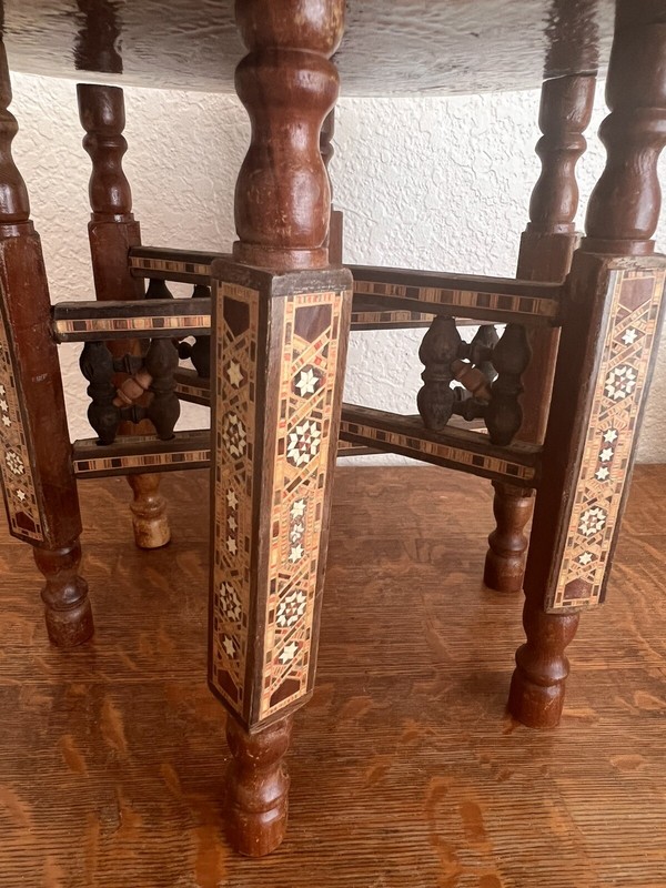 Moorish Brass Tray Table on Inlaid Folding Stand Vintage gallery
