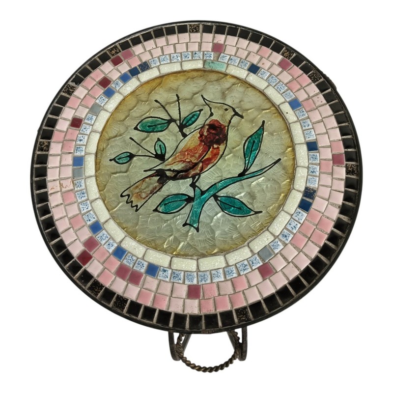 Vintage Mosaic Ceramic Bird Side Table with Wrought Iron Legs gallery