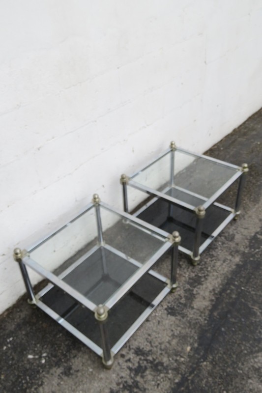 Hollywood Regency Chrome Glass Top Side Tables a Pair 6256 gallery
