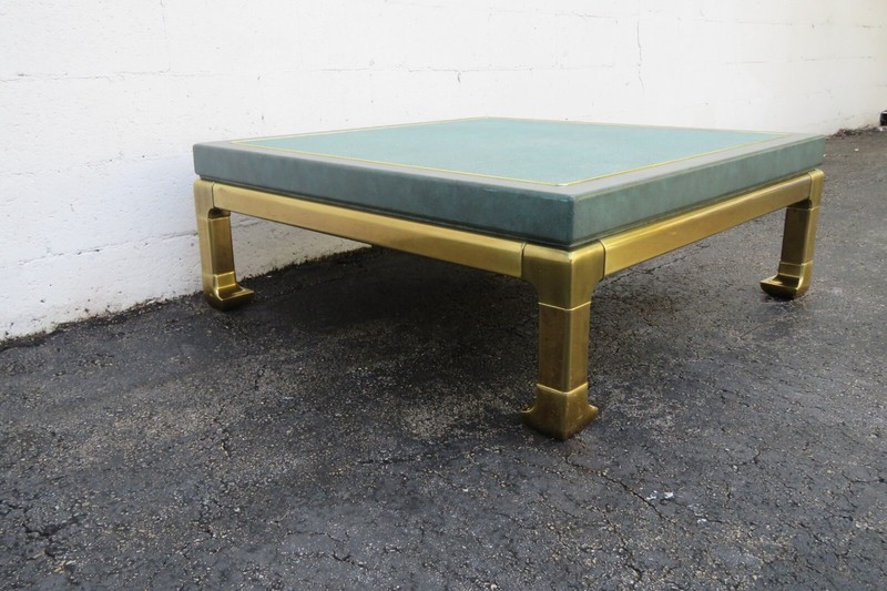 1980s Mastercraft Faux Green Leather and Brass Square Ming Coffee Table 5737 gallery