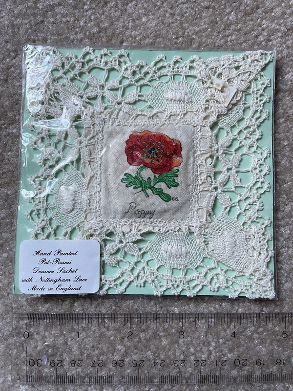 Hand Painted Poppy Pot-Pourri Drawer Sachet With Nottingham Lace Made In England