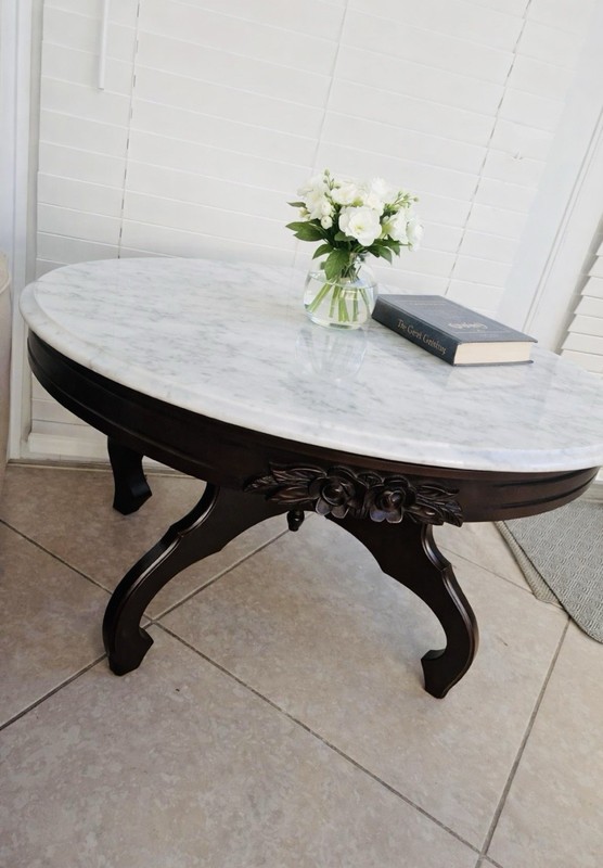 Victorian Antique Oval Marble Top Coffee Table Solid Carved Wood Heavy Classic