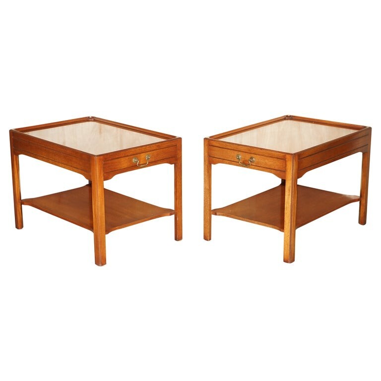 PAIR OF STUNNING LONG TWO TIERED SIDE TABLES WITH LARGE DRAWERS & FAUX TO BACK