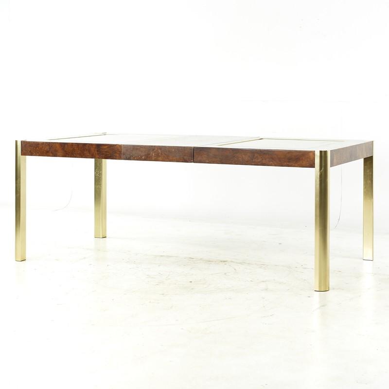 Century Mid Century Burlwood Brass and Glass Dining Table gallery