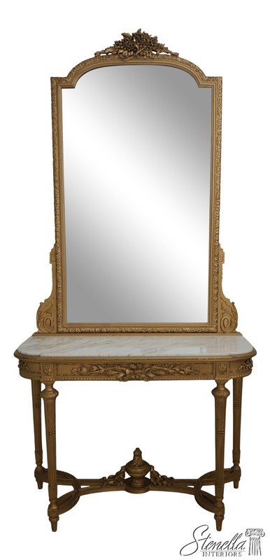 L64447: Vintage French Louis XVI Marble Top Gold Console Table w. Mirror