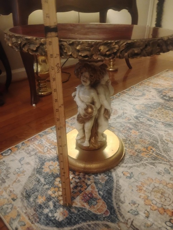 2 Victorian Antique Round Accent Tables with Cherub Base, Gold Red, 19 x 20