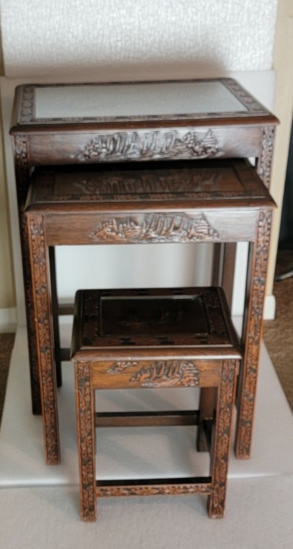 VINTAGE ASIAN HANDCARVED WOODEN S 3 NESTING TABLES 25x20x14 22x17x13 16x11x9 gallery