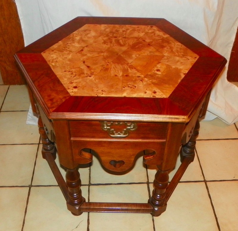 Walnut & Burl Elm Inlaid Hexagon End Table / Side Table (ET295)