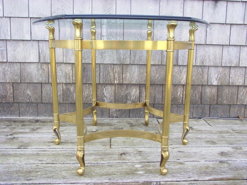 Hollywood Regency Labarge Queen Anne Hexagon Brass Glass Side End Table H1 gallery