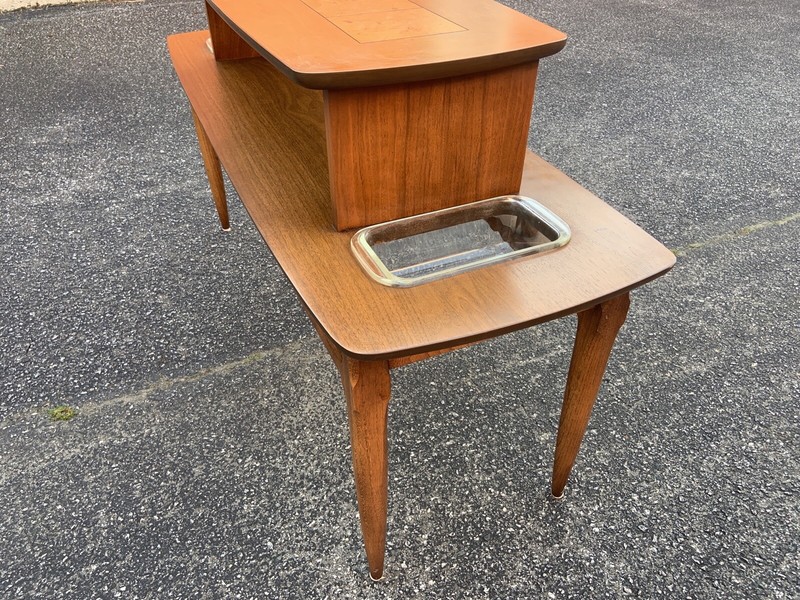 Mid century modern 1958 coffee Sofa Console table by Lane Altavista burled wood gallery
