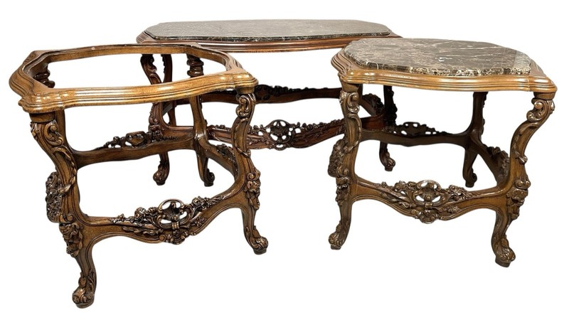 Vintage French Louis XV Style Marble Top Coffee & End Table Set Hand Carved Wood