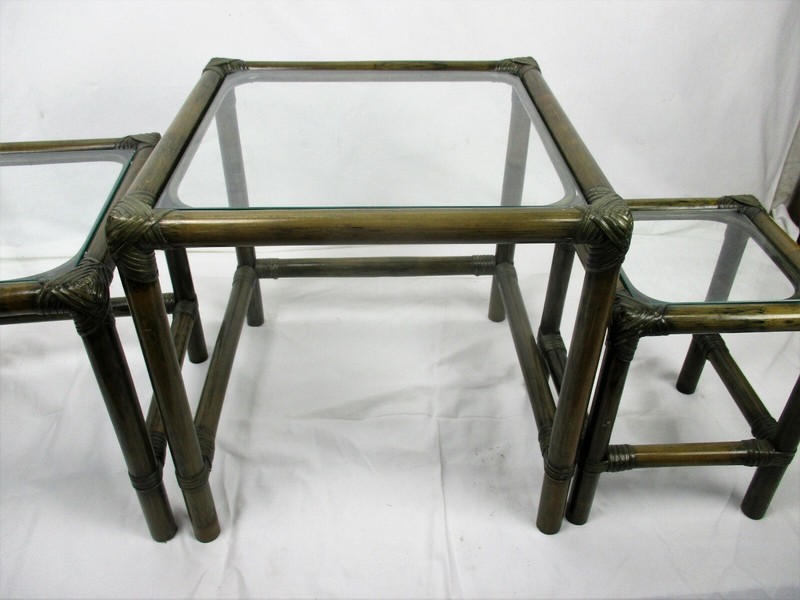 Set of 3 Vintage Nesting Coffee Side Tables Faux Bamboo Rattan Lounge gallery