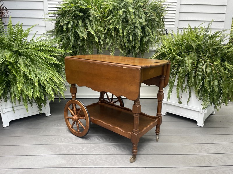 VTG ETHAN ALLEN MAPLE ROLLING TEA CART DROP LEAF SIDE END COFFEE TABLE W/ SHELF gallery