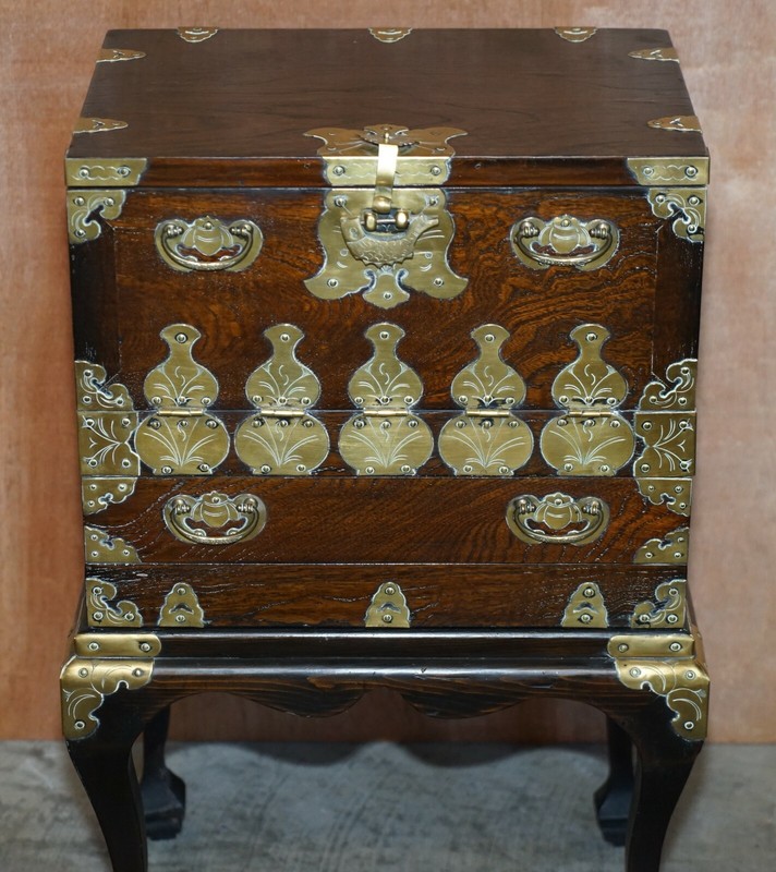 ANTIQUE JAPANESE 1880 ELM SIDE TABLE ON STAND WITH ORNATE CAST BRASS FIXTURES gallery