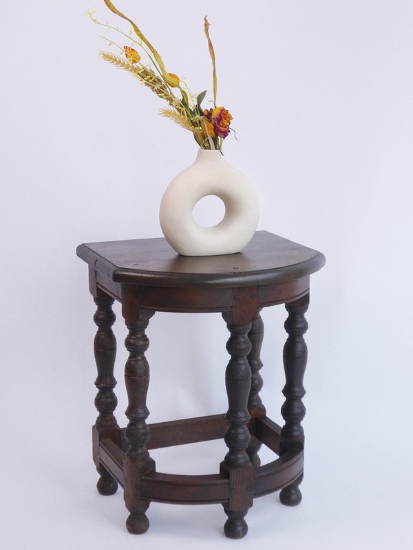 Antique Wooden Bobbin Half Moon Side Table, Carved Plant Stand Table, Farmhouse gallery