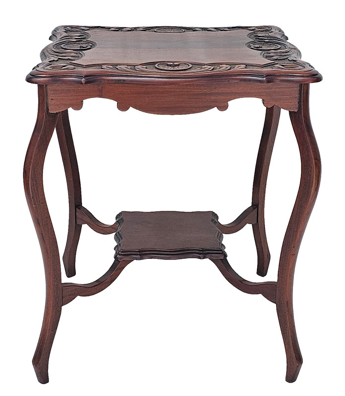Antique English Solid Mahogany Lamp Table c1890 – Carved Shells, Cabriole Legs