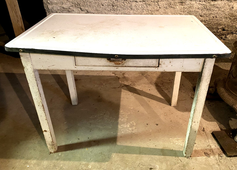 Vintage 1930s Porcelain Enamel TABLE TOP on Antique Table w/drawer w/brass CHEAP