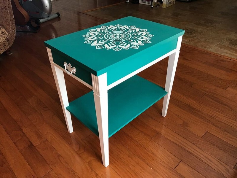 Hand Painted Striking Teal & White French Lace Side Table With Drawer gallery