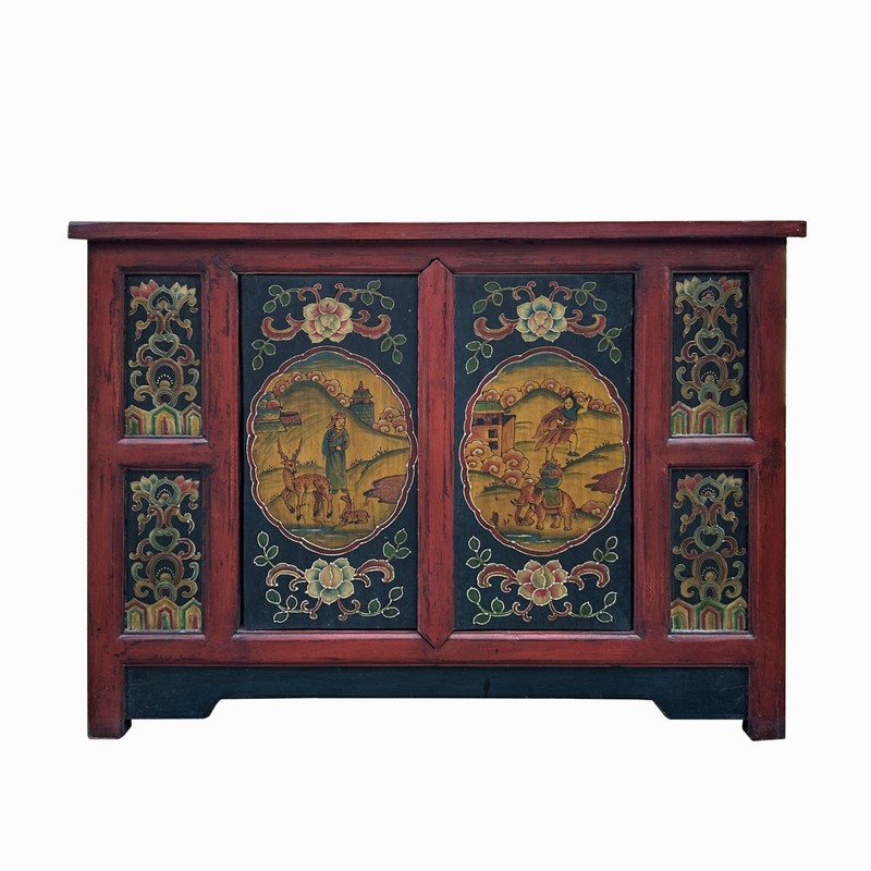 Chinese Red Tibetan Elephant Deer Sideboard Console Table Cabinet cs7734