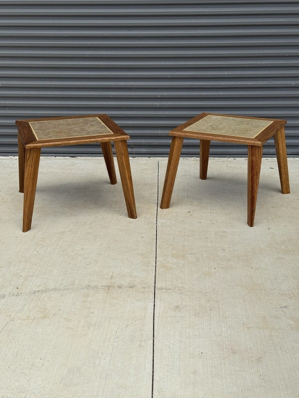 Pair Mid Century Modern HANDMADE Ranch Oak & Inlaid Ceramic Tile Top Side Tables