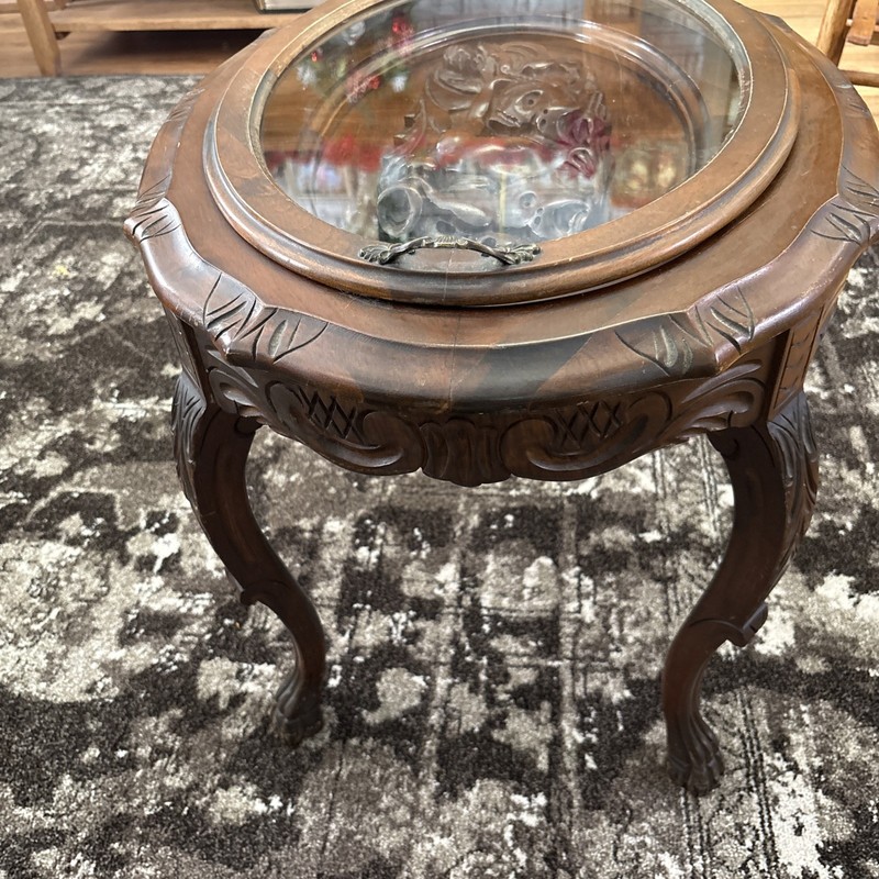 Antique Coffee Table CARVED Cherubs with Removable Glass Tray. Walnut. #722 gallery