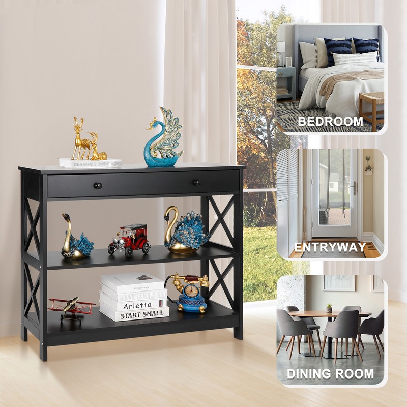 Wood Console Table 3 Tier Narrow Entryway End Sofa Table w/Storage Drawer Black gallery
