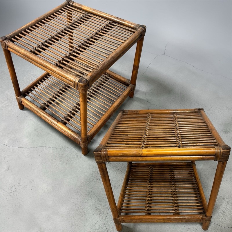 Pair Vintage Mid Century Bamboo Rattan Wicker Side End Table Stand Tiki Boho MCM