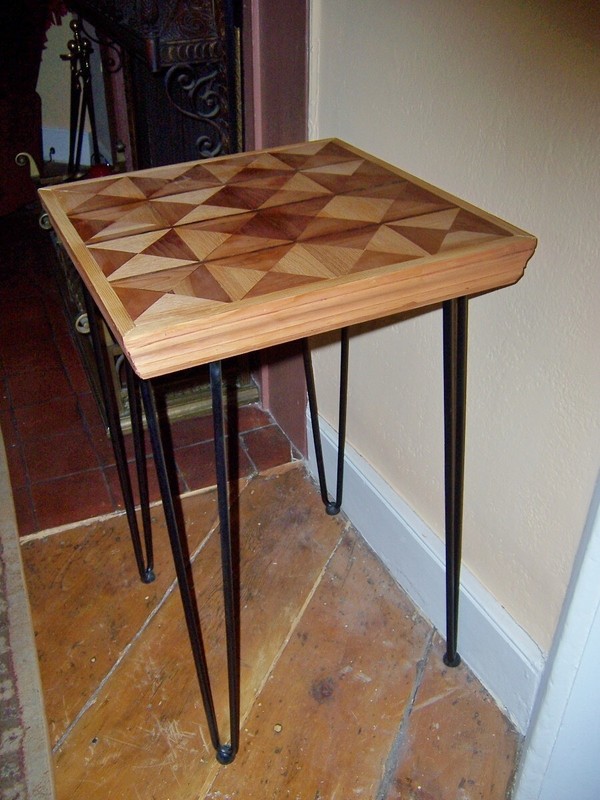 vintage mid cent modern Wooden Geometric Design table iron Hairpin Legs gallery