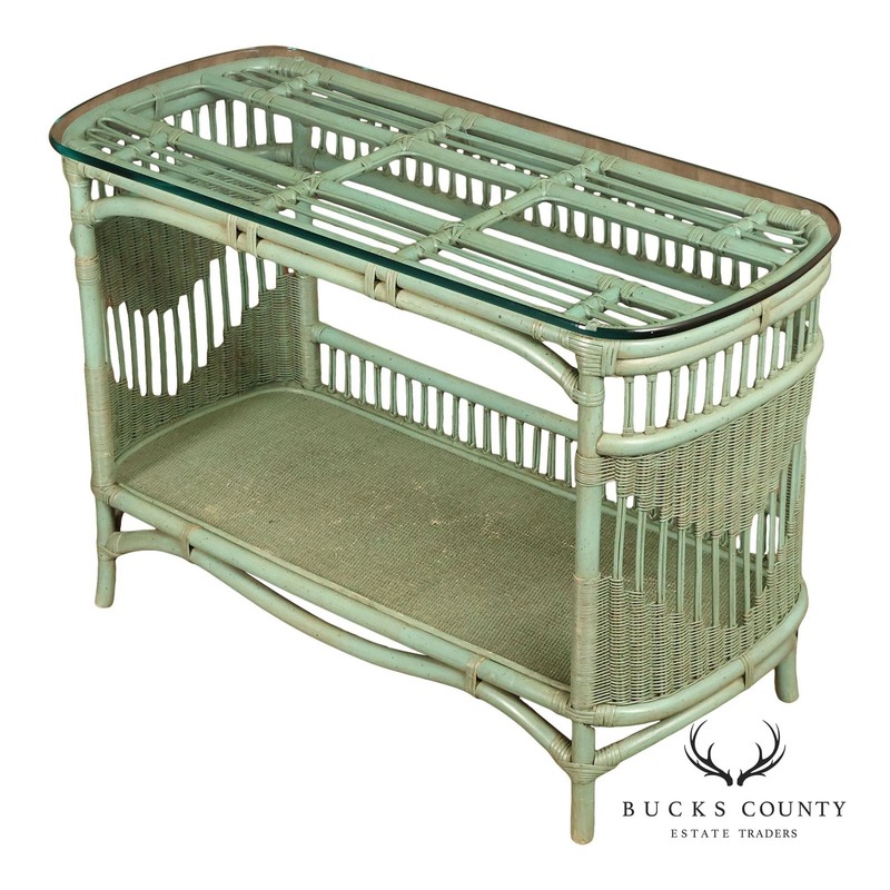 Boho Chic Glass Top Painted Rattan Glass Top Console Table