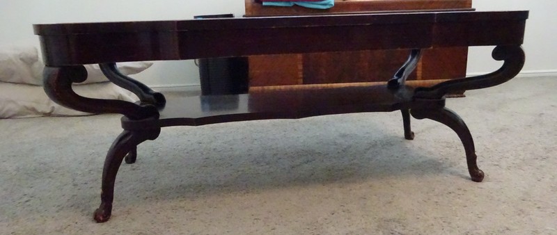 Rare Bevan Funnel Green Tooled Leather Top Coffee Table Gold Accents Mahogany gallery