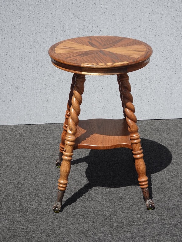 Vintage French Country Oak Barley Twist Side Table 28"H Brass Ball & Claw Feet gallery