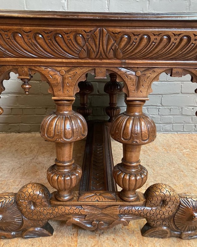 French Antique Renaissance Revival Walnut Desk/Library Table with Sea Serpents gallery