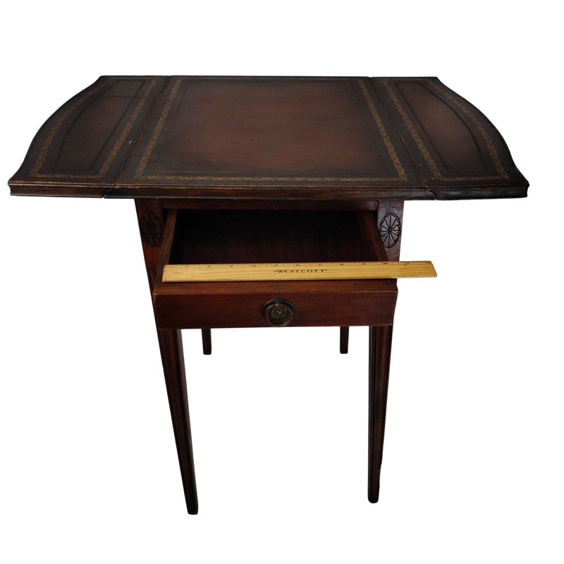 Forbert of Virginia Mahogany Drop Leaf Side Table Leather Top 24k Gold w/Drawer gallery