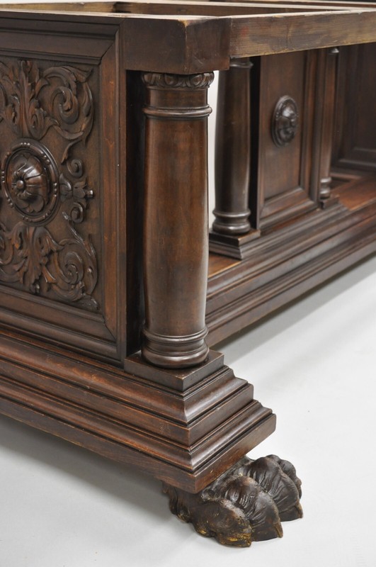 Antique Italian Renaissance Carved Walnut Hairy Paw Foot Desk Console Table Base gallery