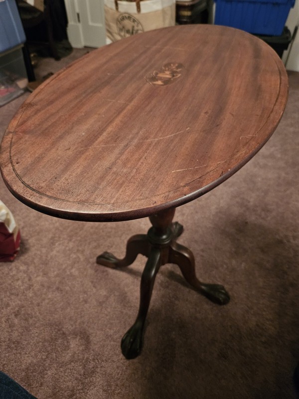 Antique. All original. Chippendale Style Mahogany Inlaid Oval Tilt Top Table