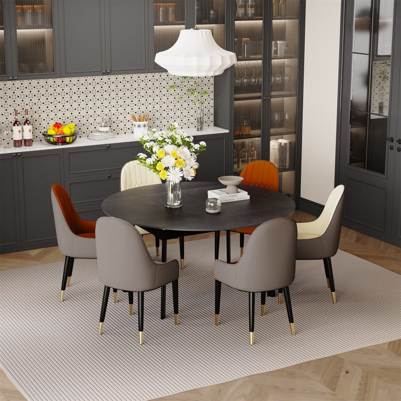 XXL Round Marble Dining Table & Leather Chair Extendable Restaurant Island Table gallery