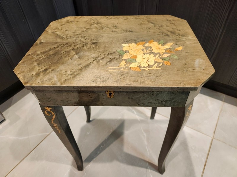 Antique Italian Inlayed Music Cabriole Legs Table & Hinged Top Up gallery