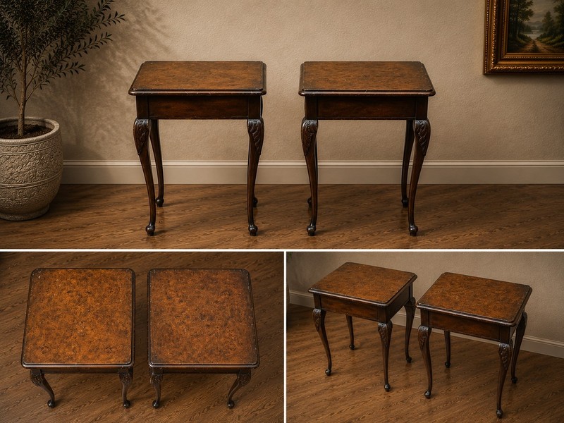 PAIR BURR WALNUT QUEEN ANNE TABLES Vintage Nest Side Lamp Tables UK DELIVERY