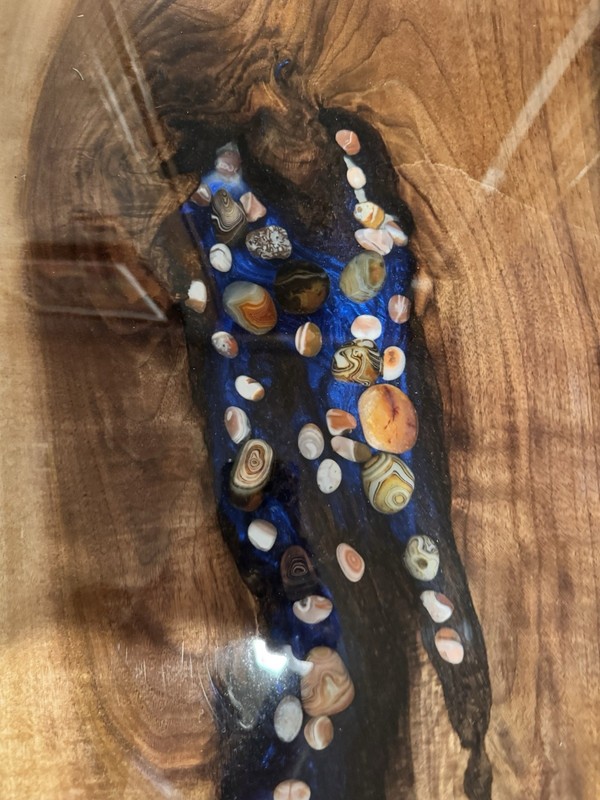 Black walnut Lovely Blue Resin River Table with Lake Superior Agates for Sale gallery