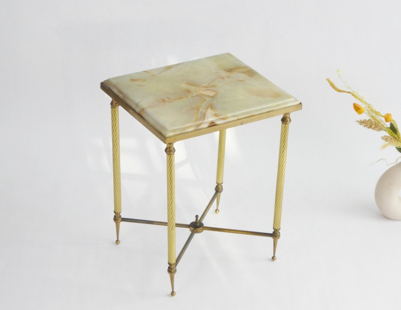Neoclassical Ornate Small French Side Table with Brass and Onyx