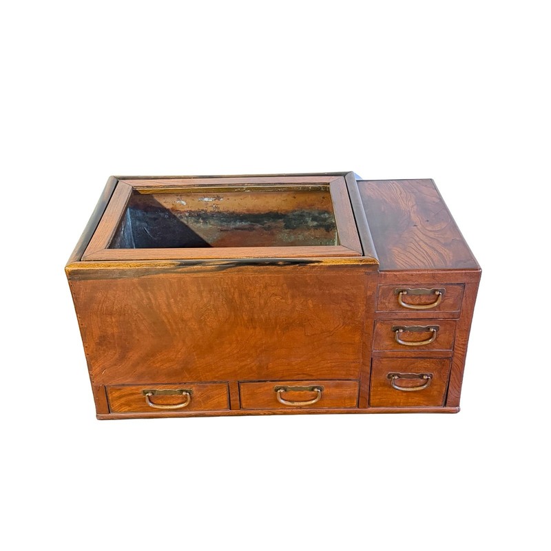 Antique Original Japanese Keyaki Hibachi Kanto Brazier Tea Chest Table 1900’s gallery