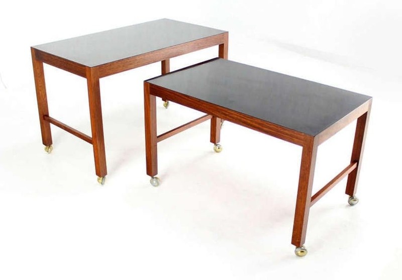 Pair Set Danish Mid Century Modern Walnut Base Black Laminate Nesting Table MINT gallery