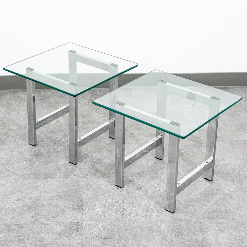 Mid Century Modern End Tables Chrome Glass Square Side Tables Vintage Pair MCM