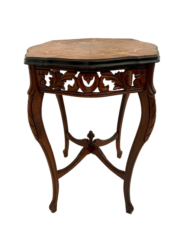 Antique French Square Table Entry Stand Floral Hand cut Inlays and fret work gallery